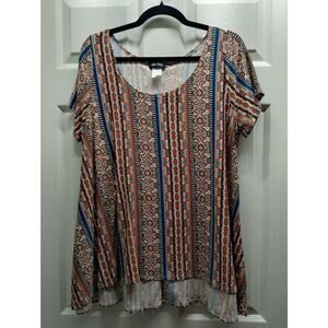 Star Vixen Women's Size 1X Orange & Blue Scoop Neck Mixed Pattern Tunic Top